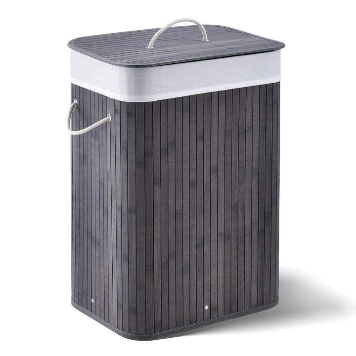 Bambus Wäschekorb Curly mit Deckel Tragegriff Wäschesack 72l grau 40x30x60cm - 4260565524410