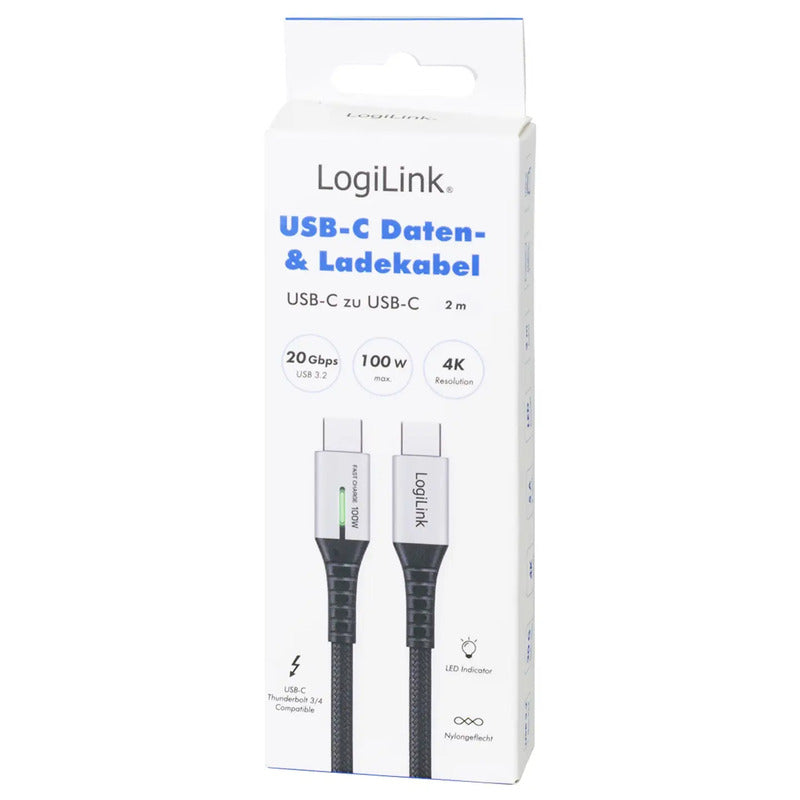 LogiLink USB-C Kabel USB 3.2 Gen2x2 2m Schwarz mit LED 4K UHD Datenkabel 100W - 4052792079913