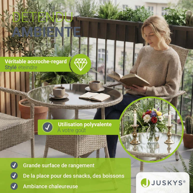 Runder Gartentisch Yoro Polyrattan Tisch mit Glasplatte grau Ø60cm wetterfest - 4262437180151