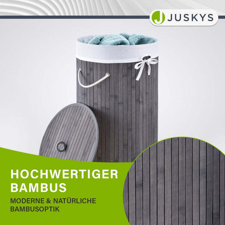 Bambus Wäschekorb Curly-Round 55l Wäschekorb mit Deckel und Tragegriff grau weiß - 4260565524434