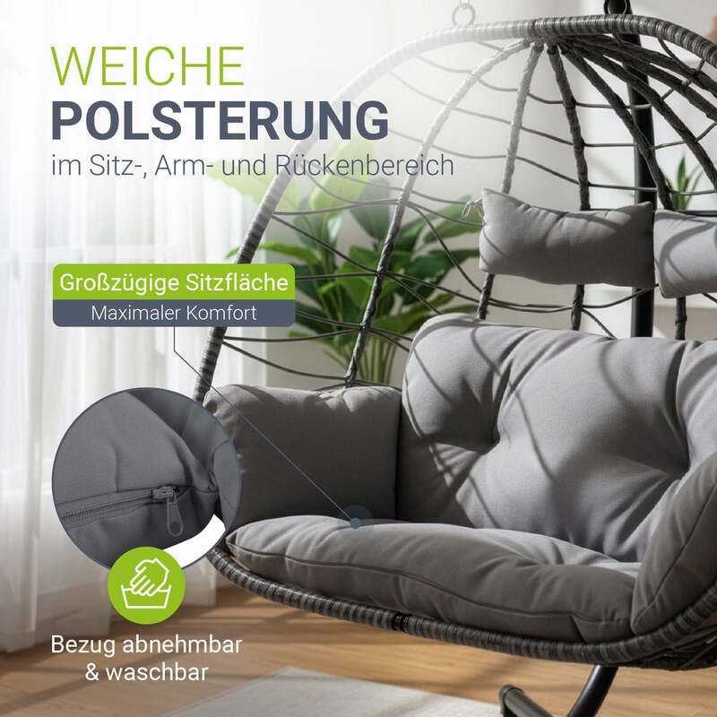 Polyrattan Doppelhängesessel Aria für 2 Personen mit Gestell und Kissen grau - 4262437181332
