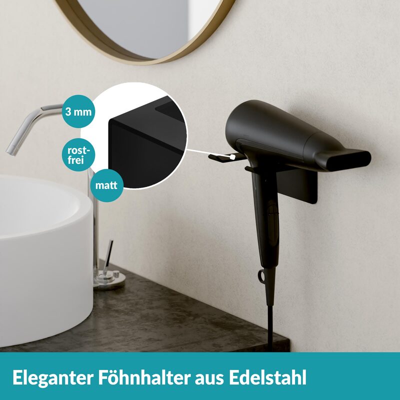 Weissenstein Föhnhalter Halterung WOMO Schwarz Wandbefestigung Bad 2 STÜCK - 4260470462395