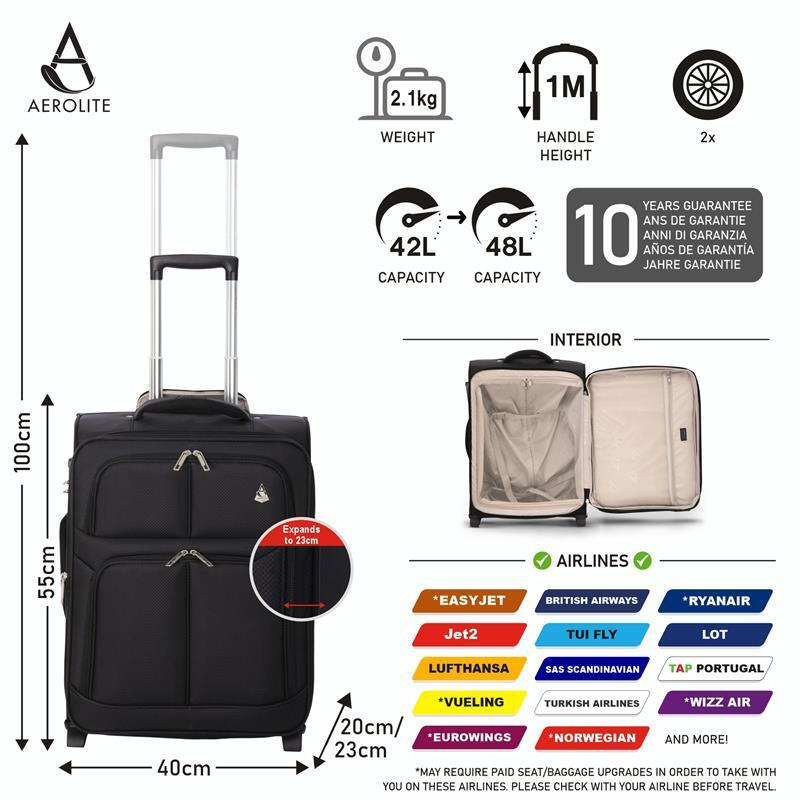 Aerolite Handgepäck Koffer 2 Rollen leicht 55x40x20cm für Ryanair Reisen - 5038230170144