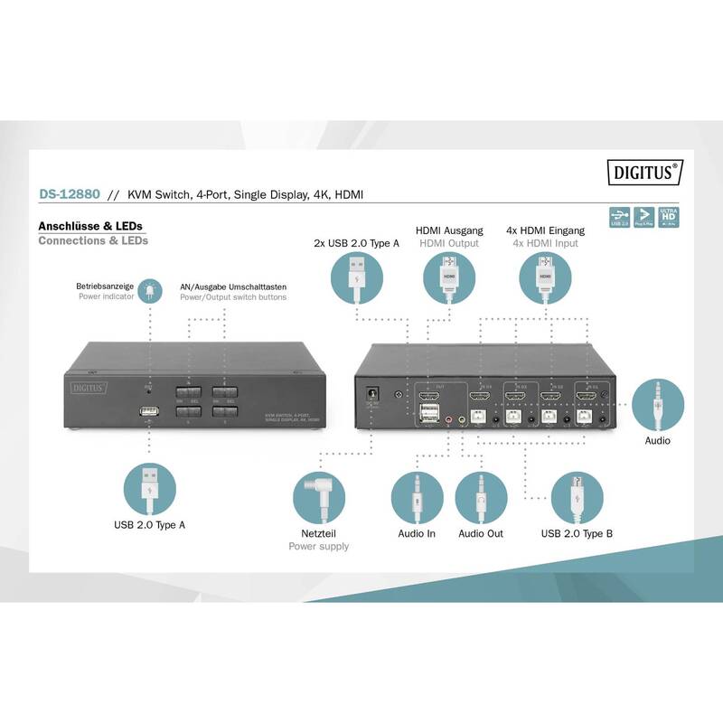 Digitus KVM Umschalter Switch HDMI 4K 4 Port USB Schwarz Schalter KVM-Switches - 4016032468639