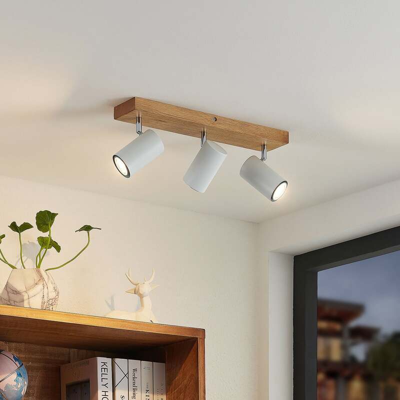 Lindby Deckenstrahler Maniva LED Strahler 3-flammig dimmbar weiß 44cm Eisen Holz - 4251911711684