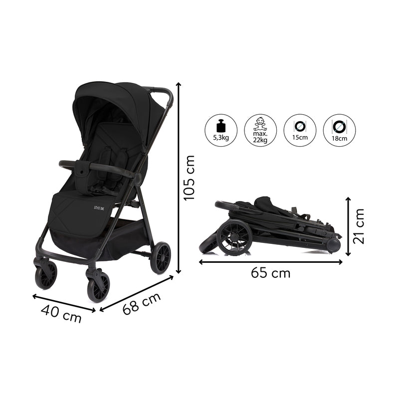 Little one Buggy MILO Schwarz Kinderwagen Sportwagen 4-Räder 5-Punkt-Gurt 8,2kg - 9120140820946