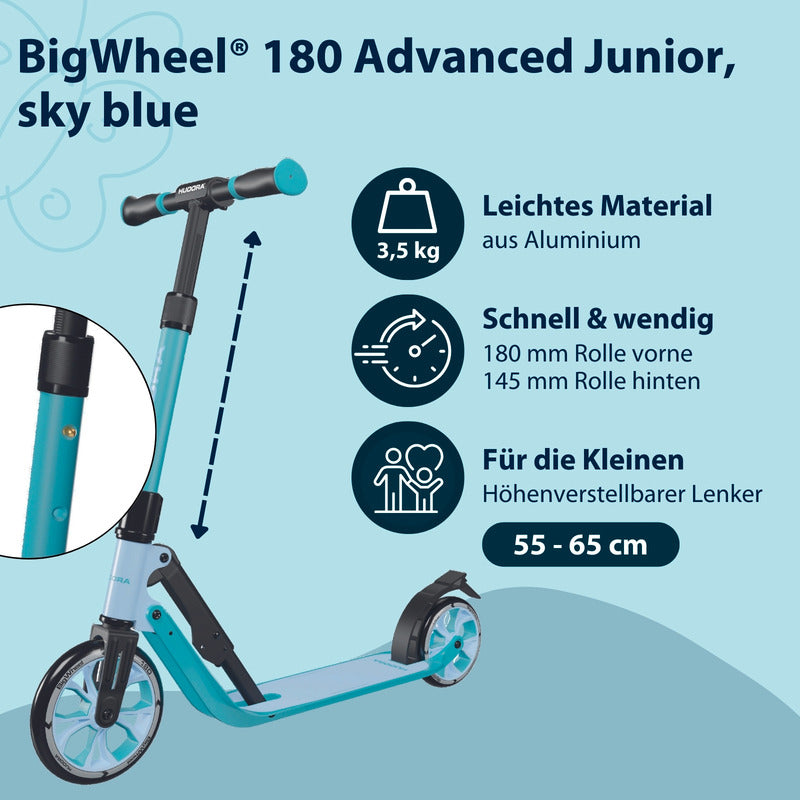 HUDORA BigWheel 180 Advanced Junior Scooter für Kinder ab 3 Jahren, hellblau - 4005998142219