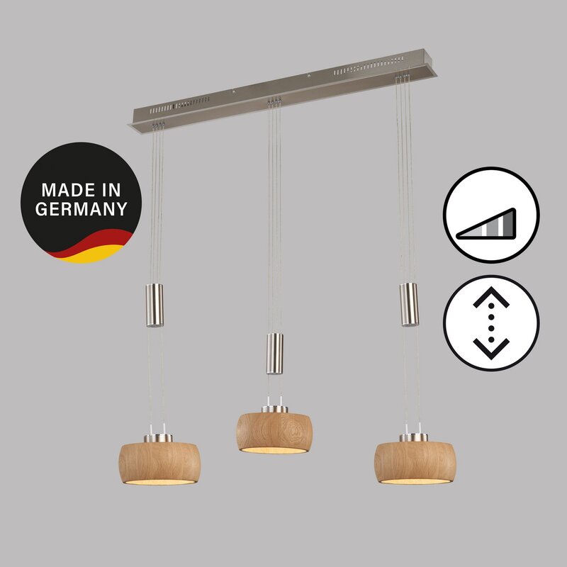FISCHER HONSEL Pendelleuchte Hängelampe LED Eiche nickel Holz Metall 100 cm 3flg - 4003694610735