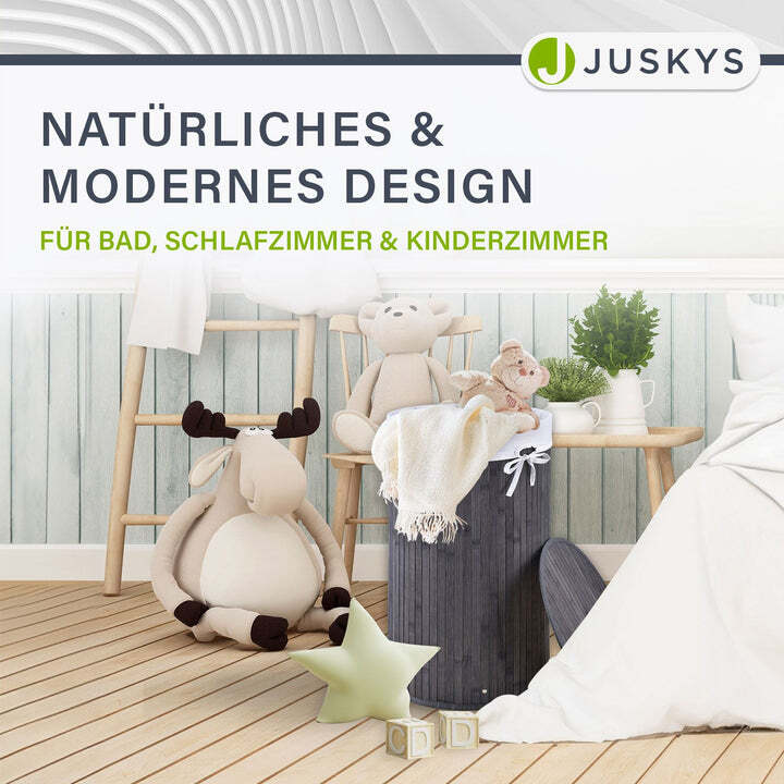 Bambus Wäschekorb Curly-Round 55l Wäschekorb mit Deckel und Tragegriff grau weiß - 4260565524434