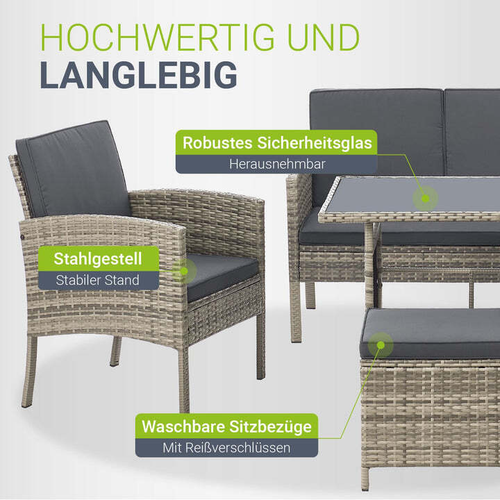 Rattan Sitzgruppe Turin Polyrattan Gartenmöbel Set für 7 Personen mit Kissen - 4262437180250