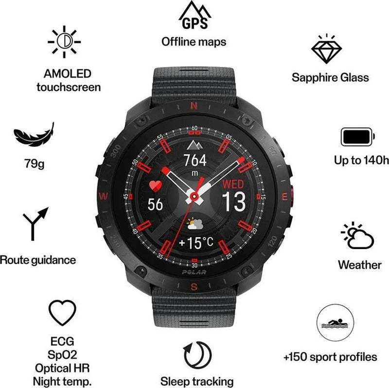 Polar Grit X2 Pro Sportuhr GPS Outdoor-Sportuhr mit AMOLED-Display 32GB schwarz - 0725882065120