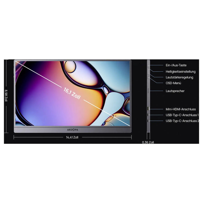 Arzopa Portabler Monitor Bildschirm 16,1 Zoll QHD 2560x1440 HDMI USB-C schwarz - 6975114120248