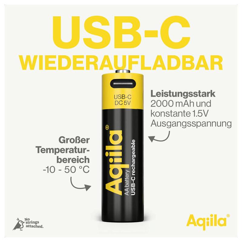 Aqiila AA USB-C Akku Li-Ion 2000 mAh 1,5 V wiederaufladbar Energiequelle 4 Stück - 8716778936367