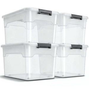 B-Ware Aufbewahrungsbox mit Deckel Kunststoffboxen Organizer 60L 4er Set weiß grau