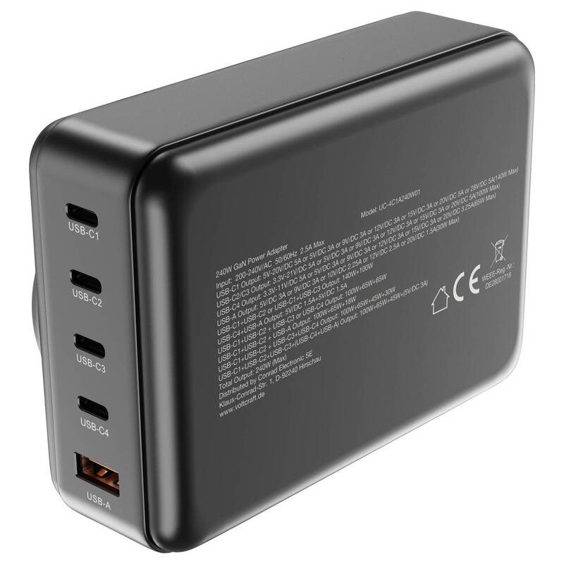 VOLTCRAFT UC-4C1A240W01 USB Ladegerät 240W 4x USB-C 1x USB-A Schwarz GaN - 4064161472294