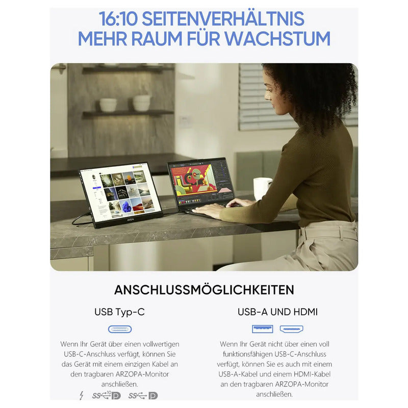 Arzopa Portabler Monitor 16 Zoll 2560x1600 IPS HDMI USB-C Blaulicht-Reduktion - 6975114120194