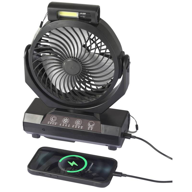 Sygonix Akku-Ventilator Camping Outdoor 4 Stufen 90° Schwenk schwarz 205mm - 4064161312132