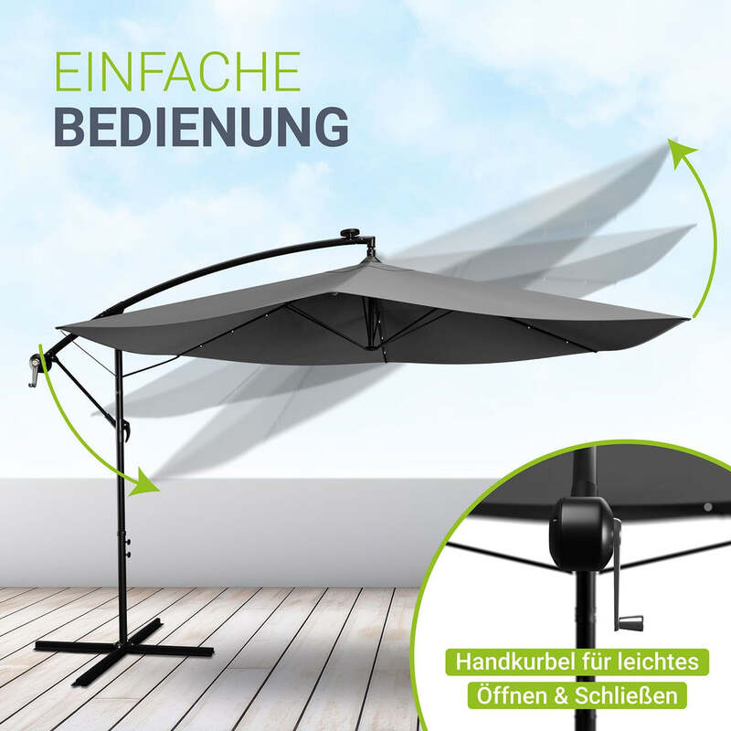 Ampelschirm Garten Brazil Sonnenschirm mit LED Kurbel und Standfuß grau 300cm - 4260565521396