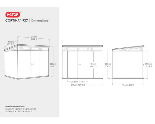 KETER Gartenhaus Gerätehaus Cortina 9x7 inkl. Fußboden Haus 279 x 216 cm grau - 4306517614386
