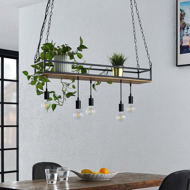 Lindby Pendelleuchte Kirista 5-flg LED schwarz Holz 100cm E27 Leuchte Lampe - 4251911734812