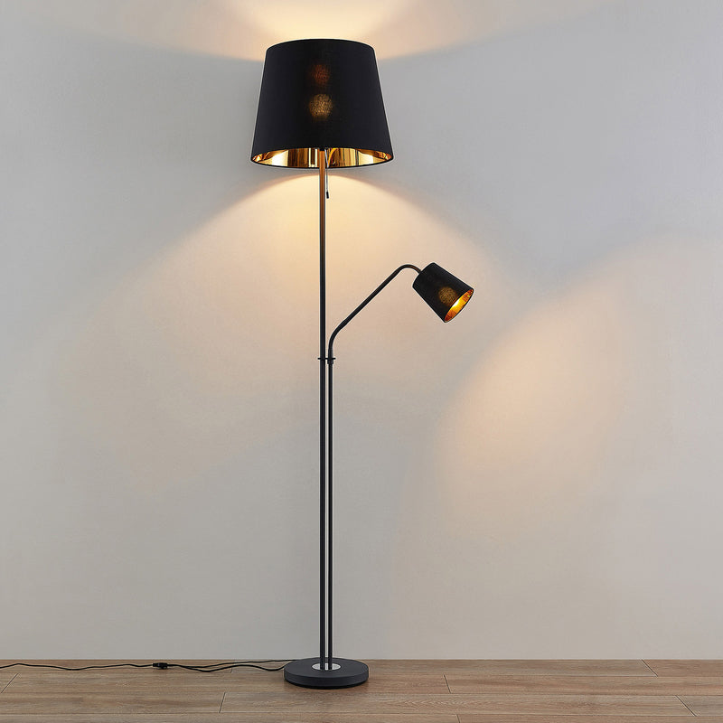 Lindby Stehlampe Efalia LED Leselampe schwarz-gold Textil 175cm mit Schalter - 4251911741278