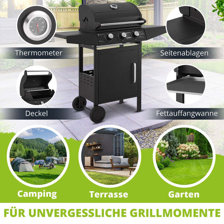 BBQ Gasgrill Louisiana Grillwagen mit 3 Brennern und Abdeckplane schwarz - 4260565523116