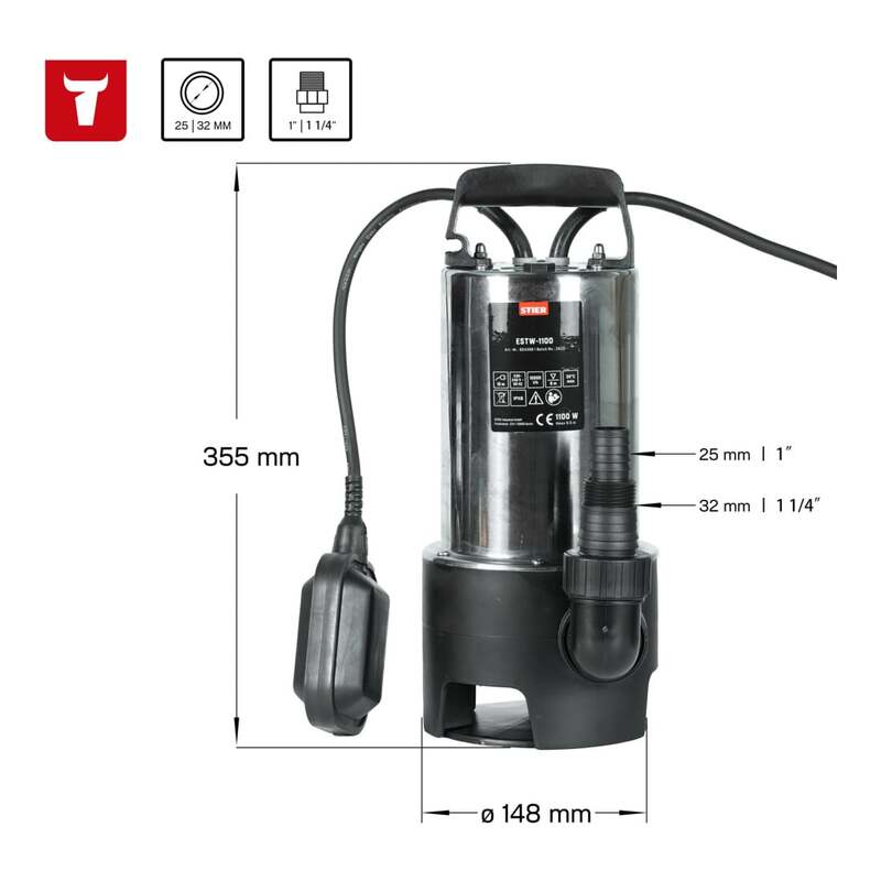 STIER Tauchpumpe Edelstahl Schmutzwasserpumpe ESTW-1100 1100W 15500l/h grau 11m - 4251709614951