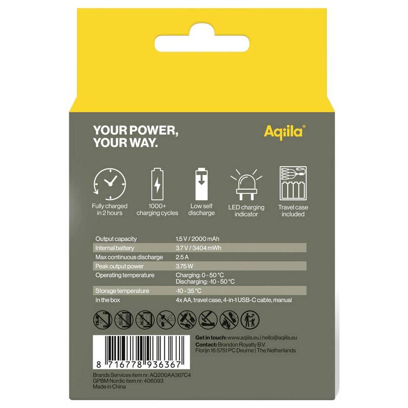 Aqiila AA USB-C Akku Li-Ion 2000 mAh 1,5 V wiederaufladbar Energiequelle 4 Stück - 8716778936367