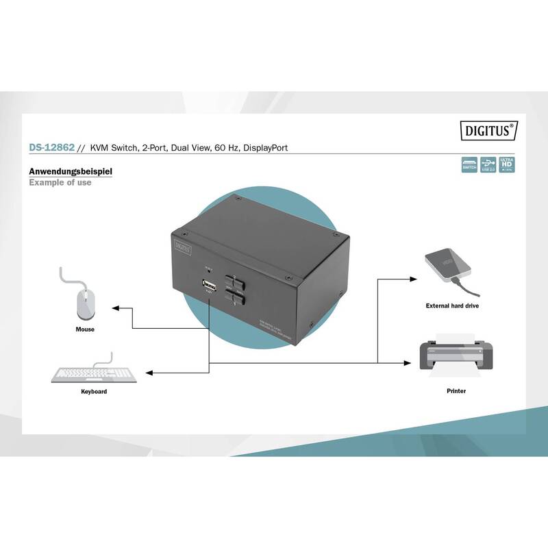 Digitus DS-12862 KVM-Umschalter Switch DisplayPort 2 Port 3840 x 2160 Pixel - 4016032478133