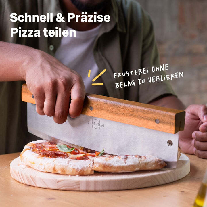 SILBERTHAL Pizza Wiegemesser Schneider Edelstahl 32cm Akazienholz Griff 2 STÜCK - 4260470464450