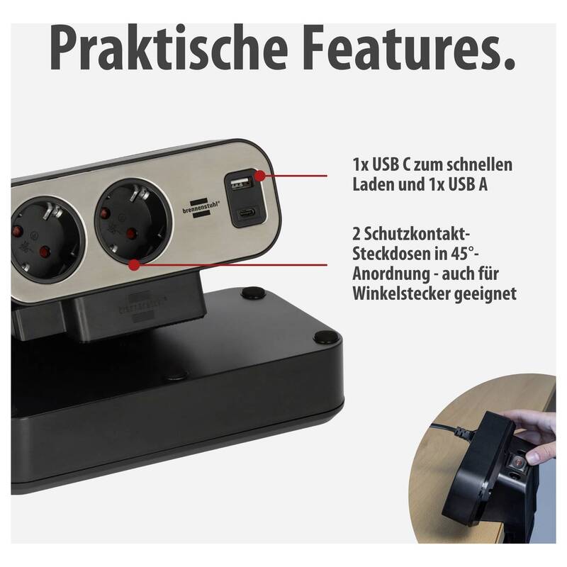 Brennenstuhl Tischsteckdose 10fach Silber USB Schutzkontakt Innenbereich 230V - 4007123682164