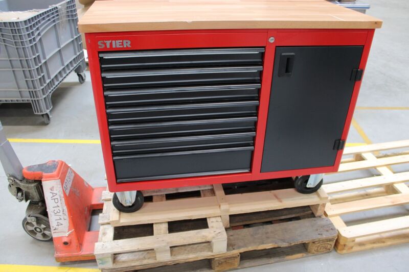 Stier Werkbank fahrbar mit 7 Schubladen und 1 Tür, robust, rot, 925x1120x520mm - 4251709615323