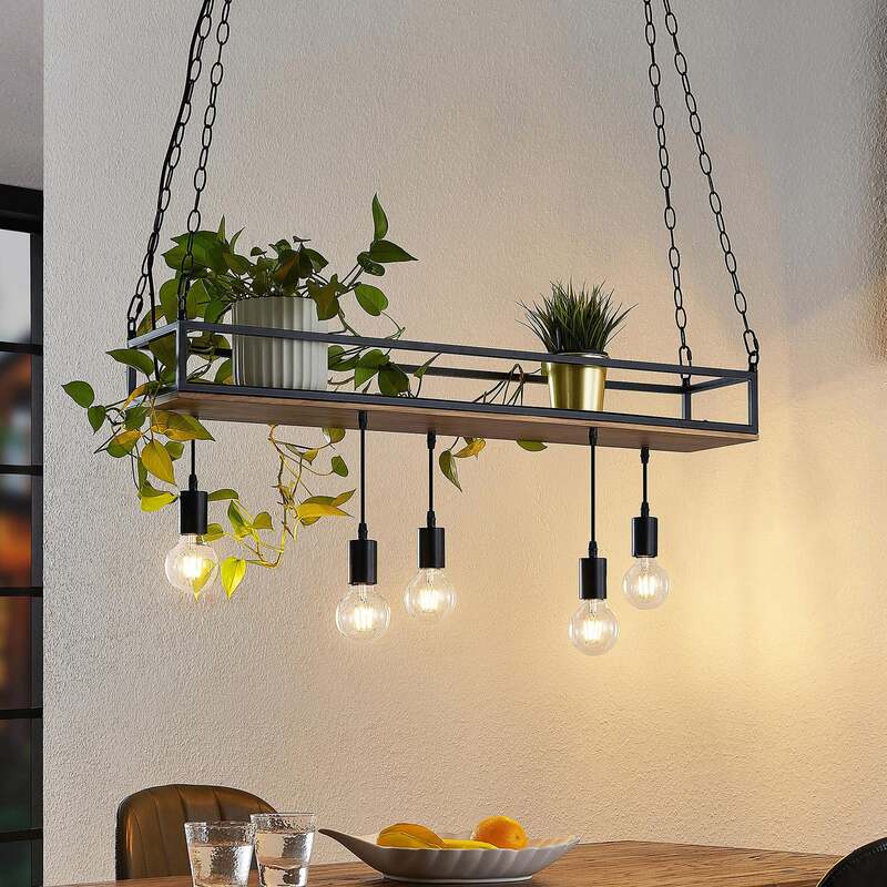 Lindby Pendelleuchte Kirista 5-flg LED schwarz Holz 100cm E27 Leuchte Lampe - 4251911734812