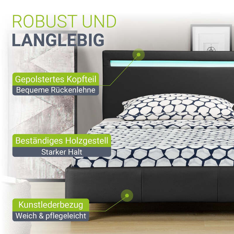 Polsterbett Paris Bettgestell 120x200 cm LED-Beleuchtung und Lattenrost schwarz - 4260565522065