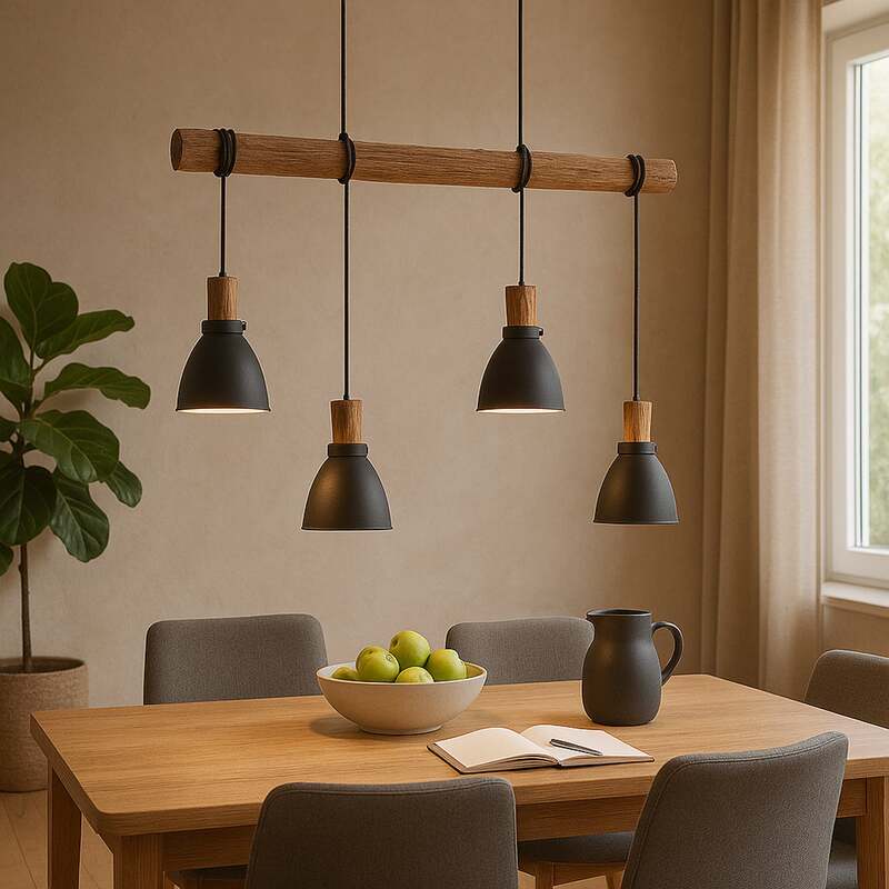 Lindby Hängeleuchte Trebale LED Pendelleuchte dimmbar schwarz Holz 4-flammig - 4251096584059