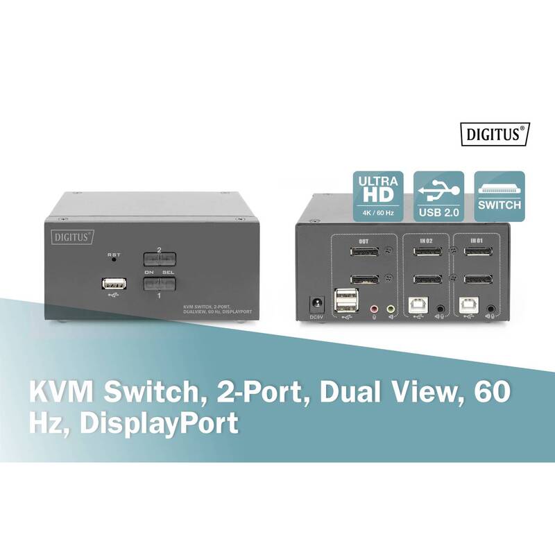 Digitus DS-12862 KVM-Umschalter Switch DisplayPort 2 Port 3840 x 2160 Pixel - 4016032478133