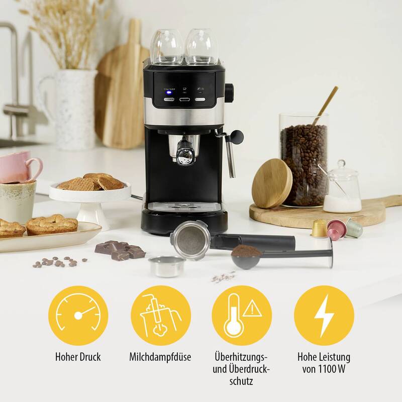 Tristar CM-2278 Espressomaschine 20 bar 1,25 l Edelstahl schwarz mit Dampfdüse - 8712836985483