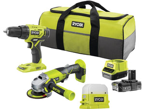 B-Ware Ryobi Akku-Bohrschrauber Winkelschleifer RCK183D-120S 18V 6-teiliges Set grün