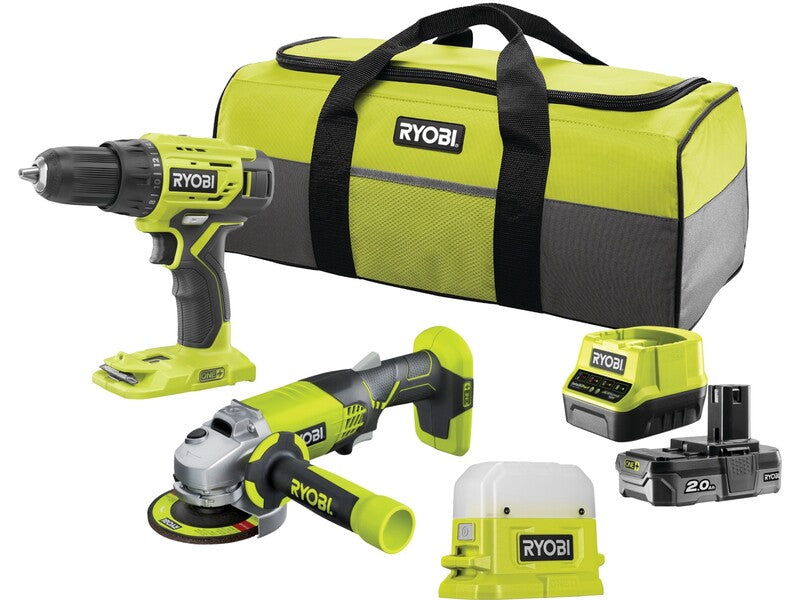 Ryobi Akku-Bohrschrauber Winkelschleifer RCK183D-120S 18V 6-teiliges Set grün - 4892210216519