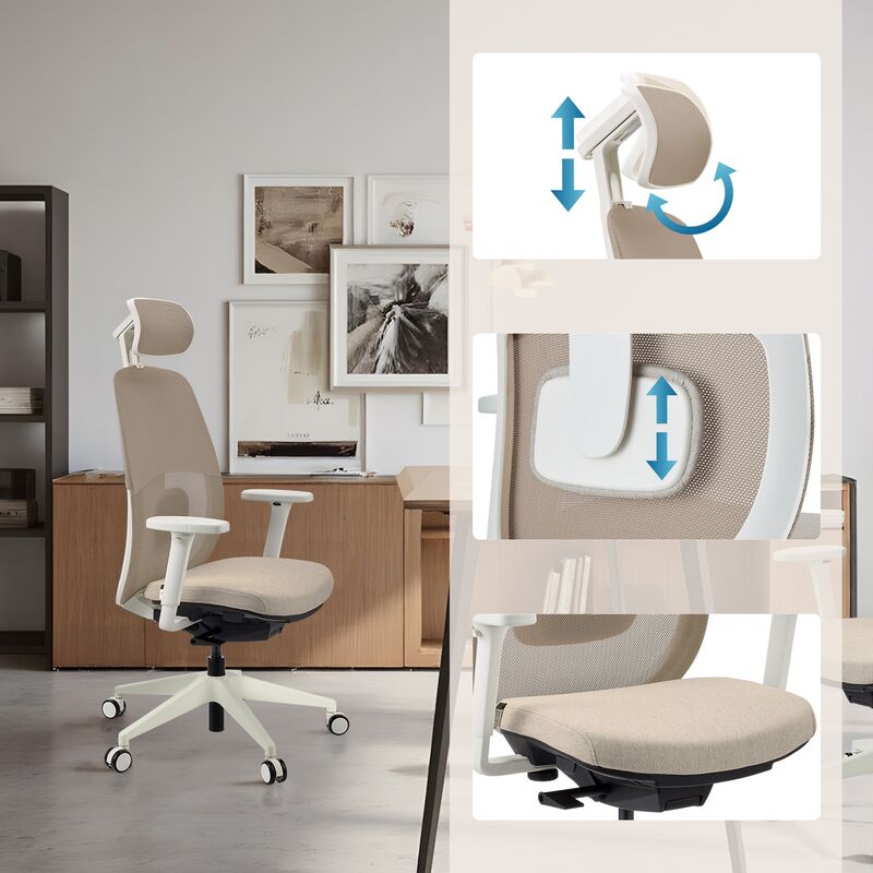 hjh OFFICE Bürostuhl Drehstuhl Stuhl Skandis Pro Kopfstütze Beige Weiß Mesh - 4064323109235