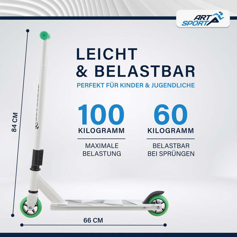 Stunt Scooter für Kinder 360° Lenker 100 mm Rollen Stuntroller Tricks grün weiß - 4260565526360