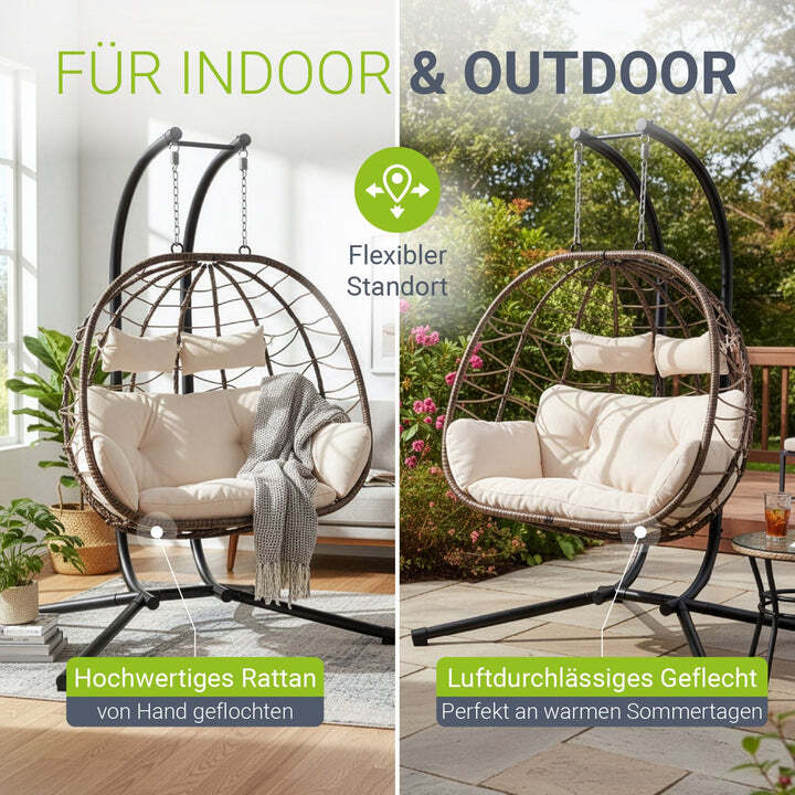 Polyrattan Doppelhängesessel Aria Freischwingend mit Kissen für 2 Personen beige - 4262437181349