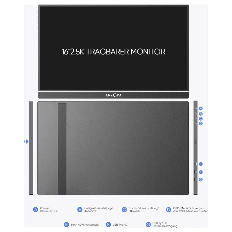 Arzopa Portabler Monitor 16 Zoll 2560x1600 IPS HDMI USB-C Blaulicht-Reduktion - 6975114120194