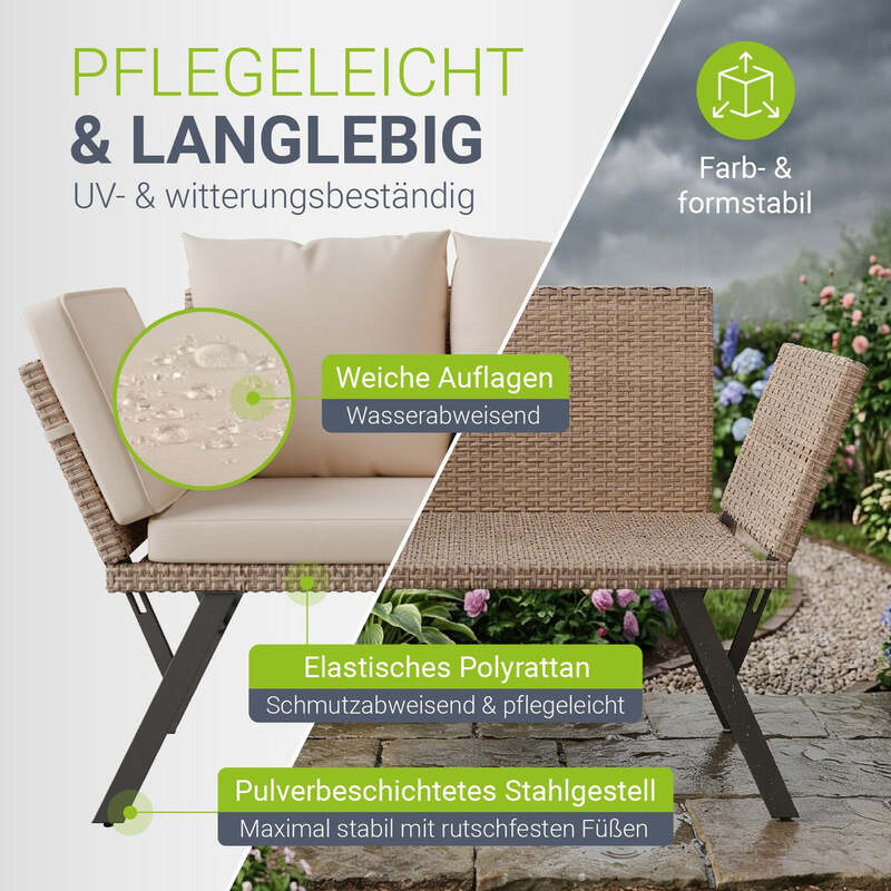 Polyrattan Gartenbank Calvia Creme Sand Liegefunktion 2-3 Personen Multifunktion - 4262437187501
