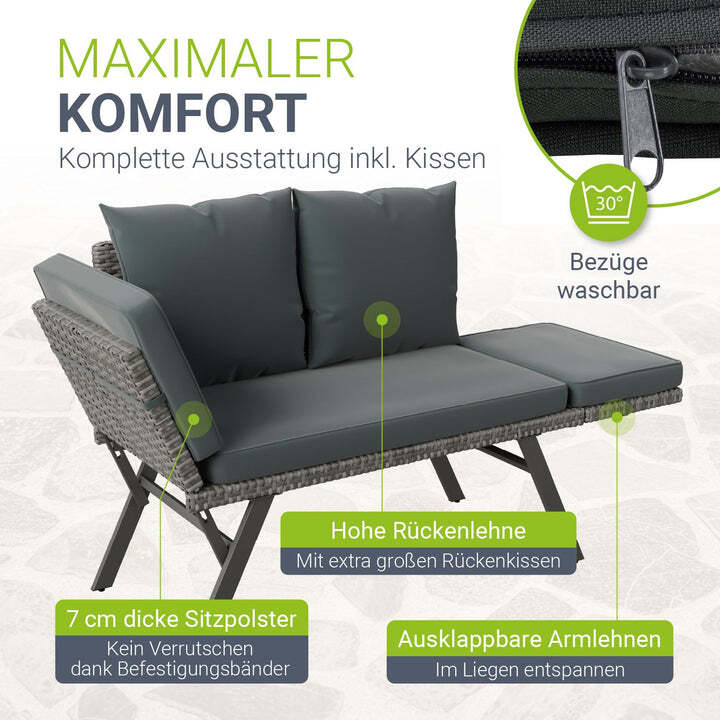 Polyrattan Multifunktionsbank Calvia Gartenbank Liegefunktion grau 171x62x84 cm - 4262437187495