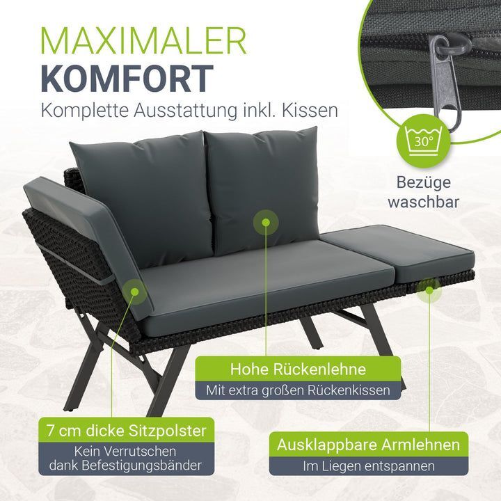 Polyrattan Gartenbank Calvia schwarz grau creme mit Liegefunktion für 2-3 - 4262437187488