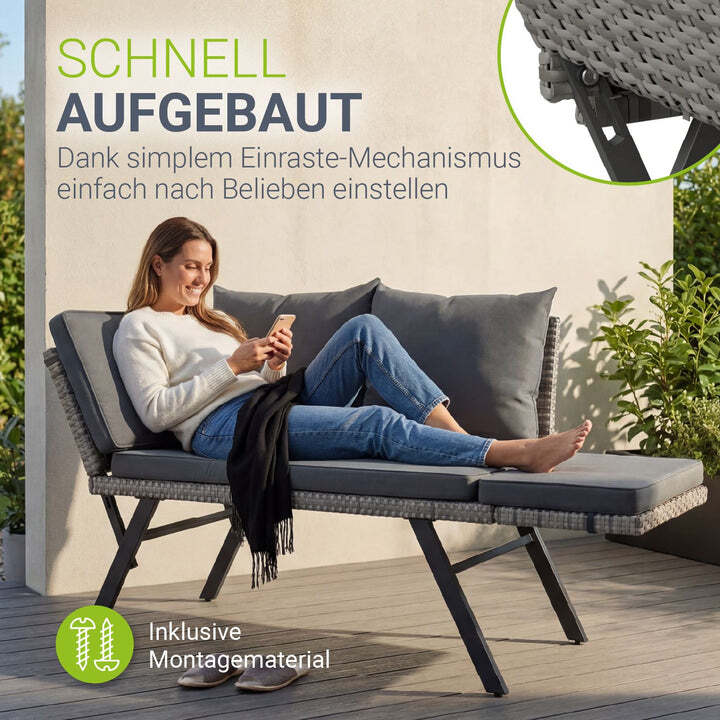 Polyrattan Multifunktionsbank Calvia Gartenbank Liegefunktion grau 171x62x84 cm - 4262437187495