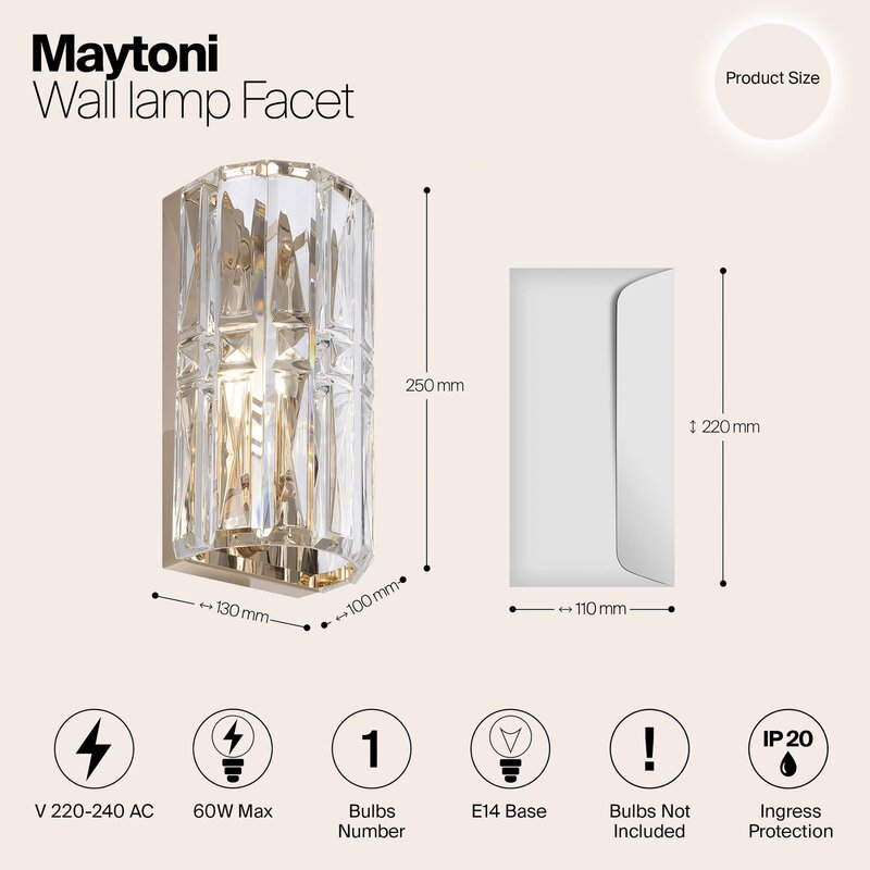 Maytoni Wandleuchte Wandlampe Facet Glas Metall E14 H25cm gold transparent - 4251110099699