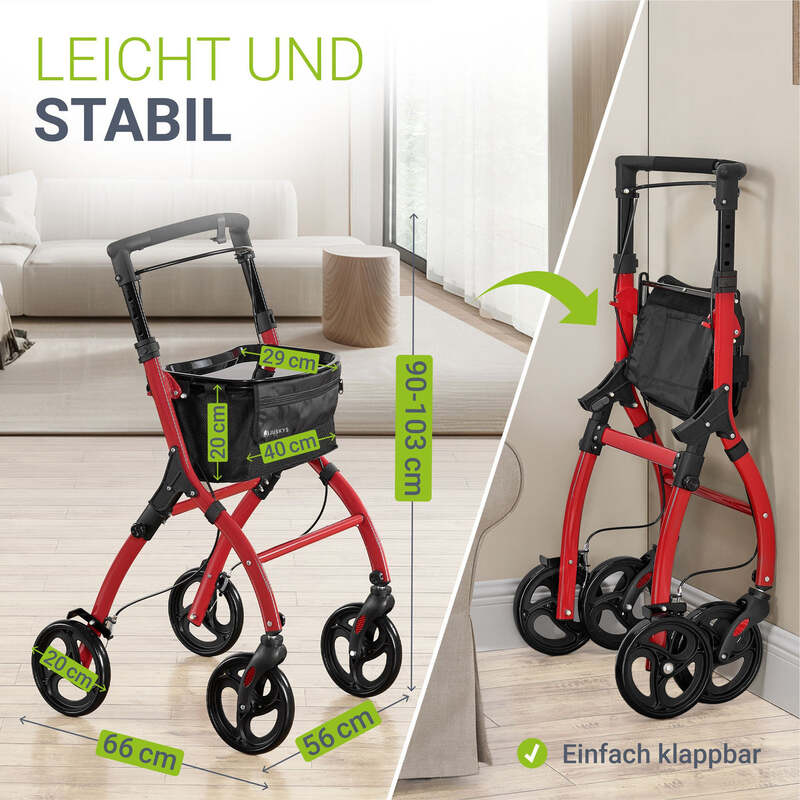 Rollator Aluminium Indoor Rollator Aktiv klappbar rot 110kg max. Belastbarkeit - 4262437182933