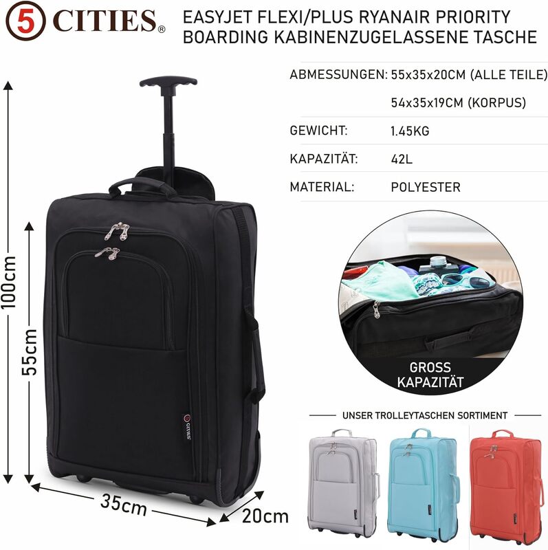 5 Cities Trolleytasche 55x35x20cm Schwarz für Kabine 42L 1,75kg leicht - 5038230167717